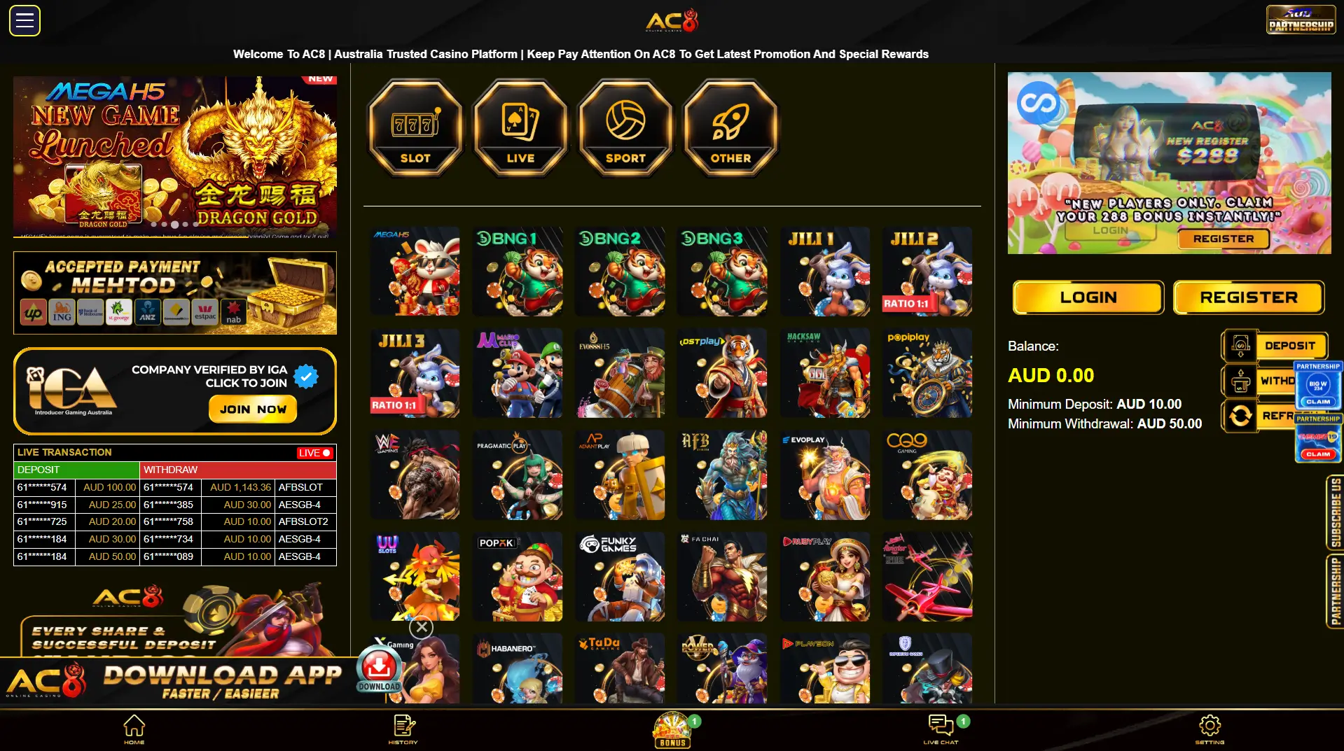 AC8 Pokies homepage displaying slot providers payment methods promotions live transactions and login panel