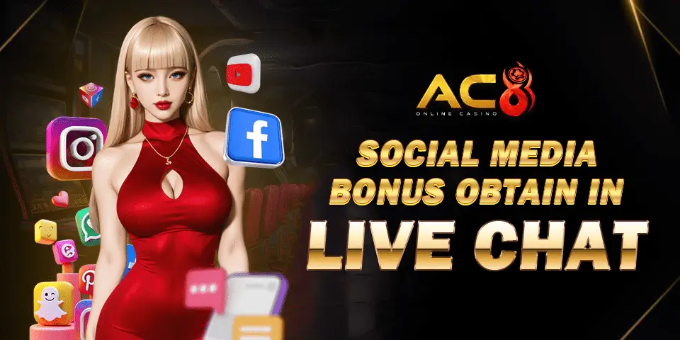 AC8 Pokies social media bonus banner featuring female model and platform icons surrounding her