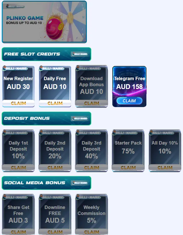Billionaire Pokies bonus section displaying free credits deposit rewards and promotional claim buttons