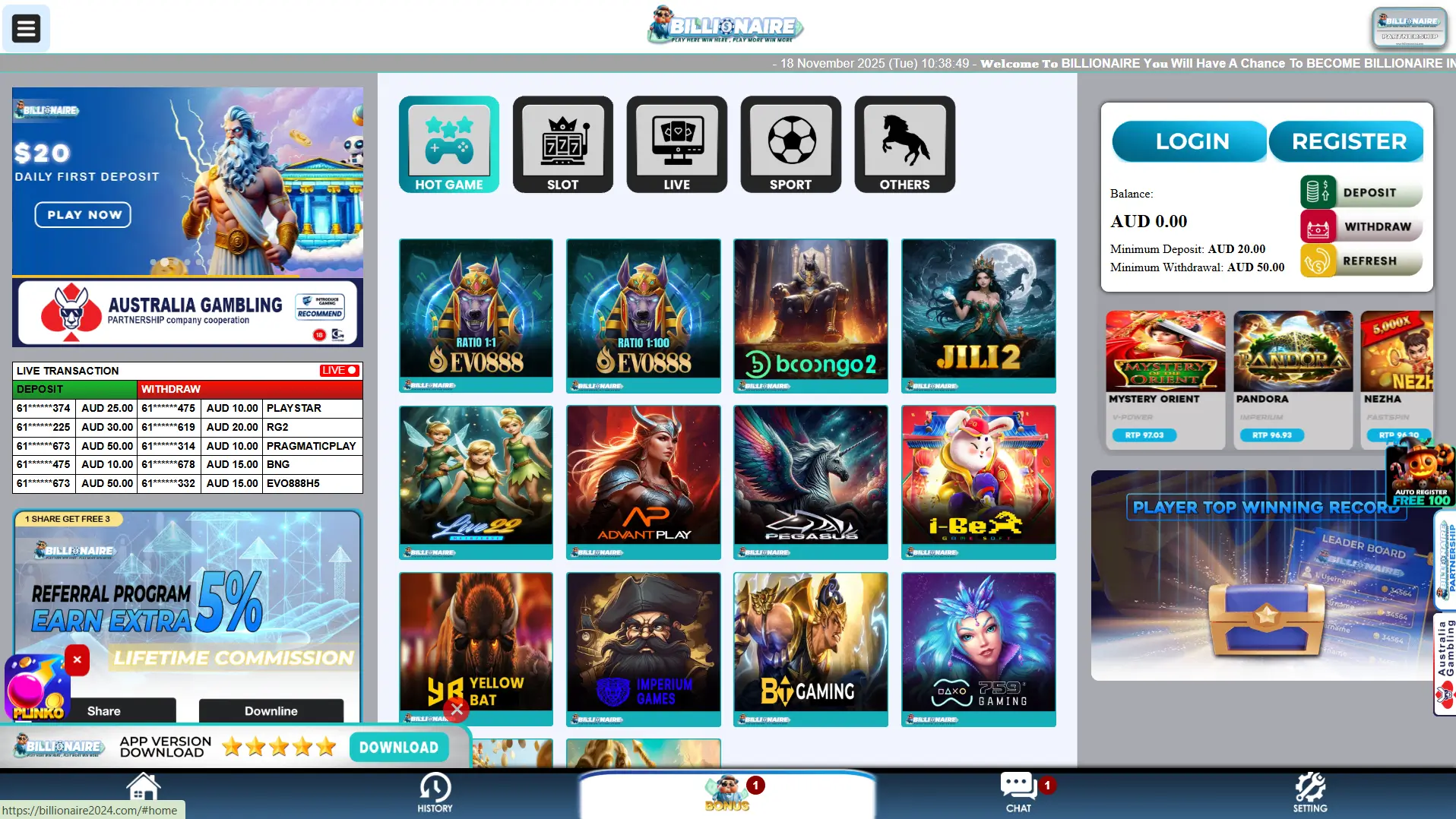 Billionaire Pokies homepage featuring game icons promotions deposit panel and fantasy themed artwork