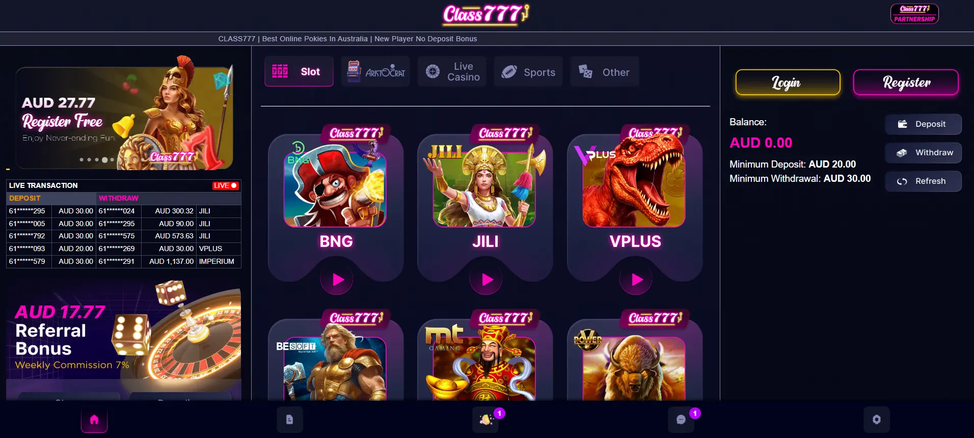 Class 777 Pokies main interface – homepage showing slot providers like BNG, JILI, VPlus, and Besoft with free registration bonus