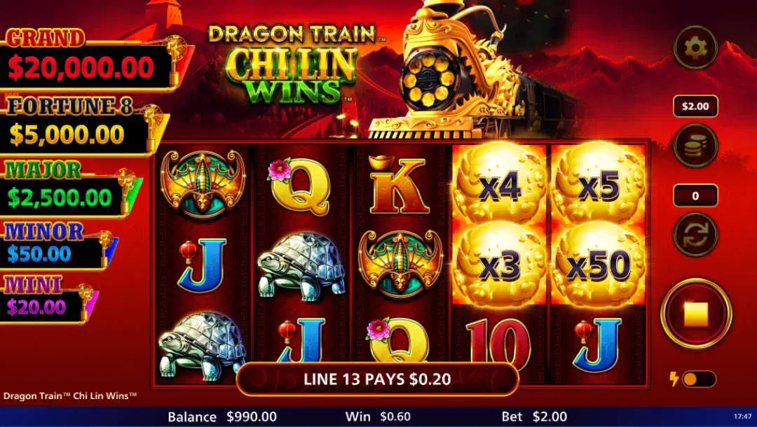 Dragon Train Pokies gameplay featuring golden train symbols multipliers jackpot tiers and vibrant reels