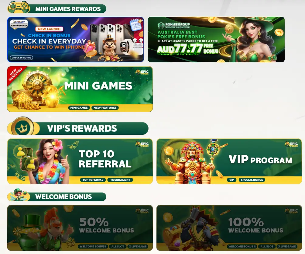 EpicPokies rewards section displaying mini games bonuses referral program and VIP promotional banners