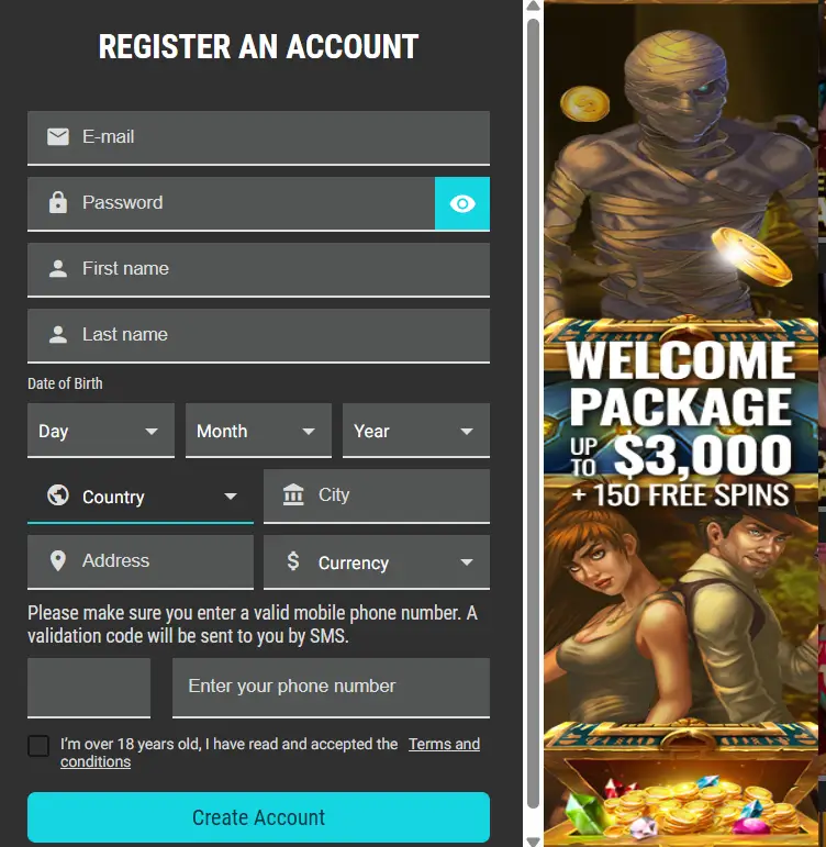 Golden Pokies registration form – Create account section with welcome package up to $3,000 and 150 free spins promotion.