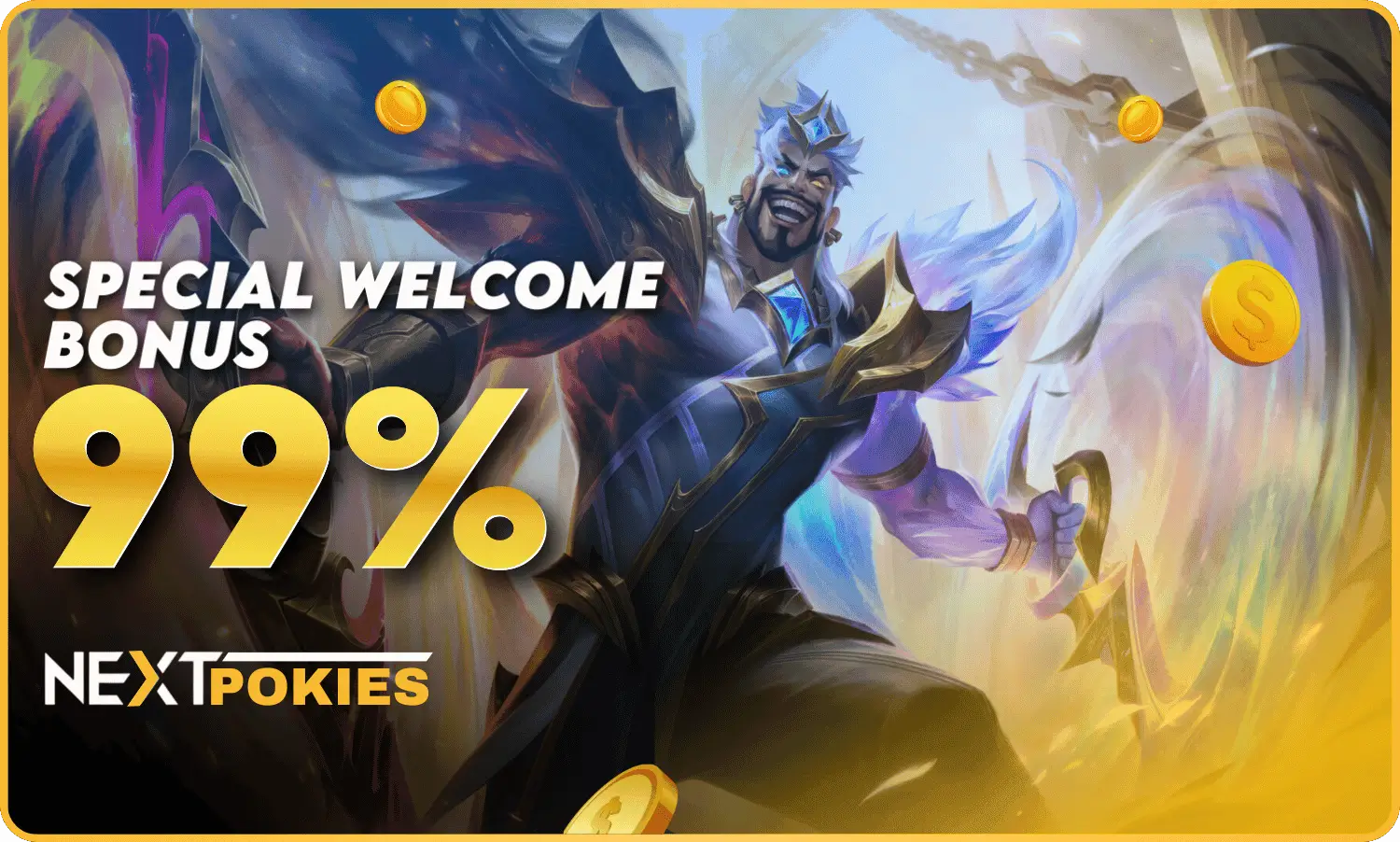 NextPokies welcome bonus banner featuring armored fantasy warrior surrounded by glowing gold coins