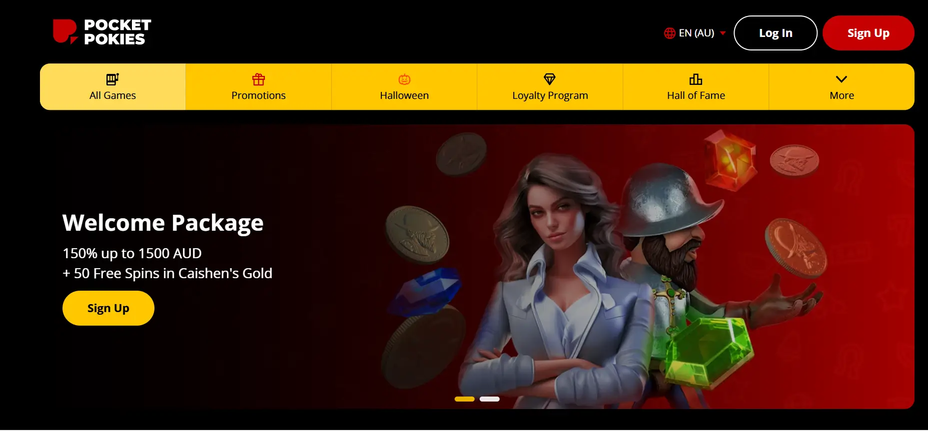 Pocket Pokies homepage – welcome package promotion with animated characters and gold coins