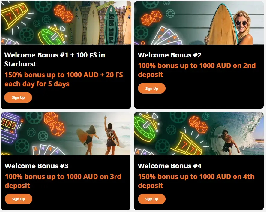 PokieSurf welcome bonuses displayed with surfing themed images neon icons and signup offers