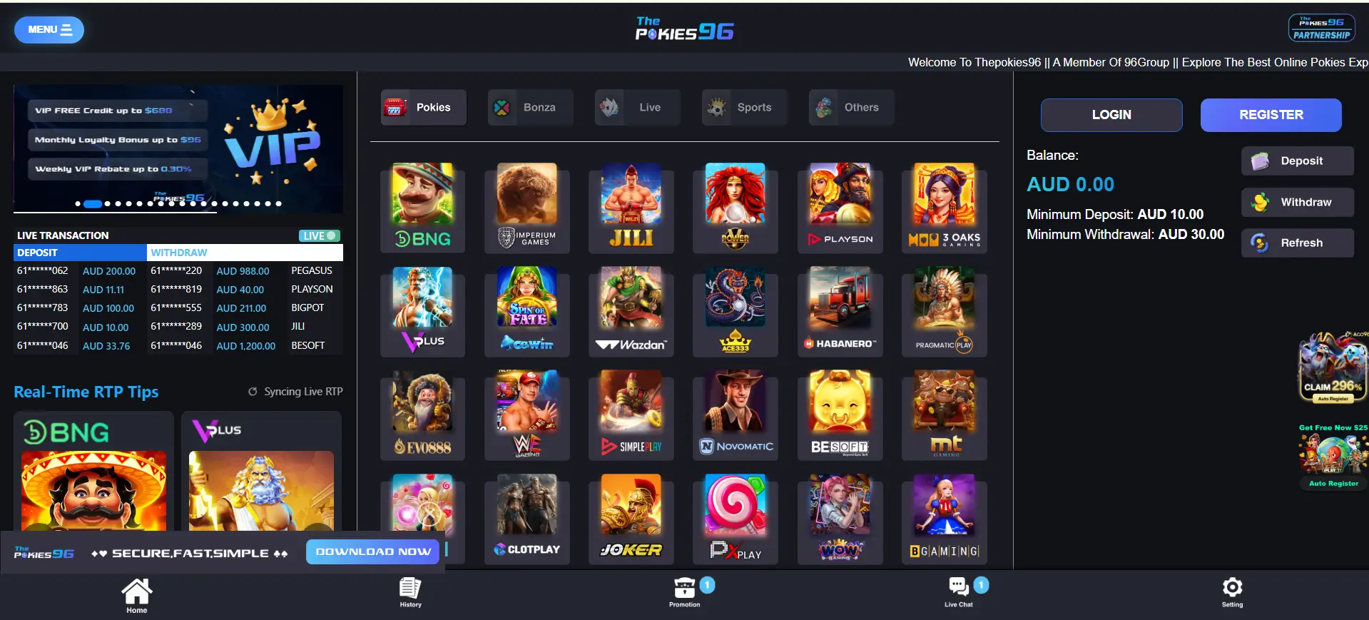 ThePokies96 main interface – casino lobby with slot providers like Pragmatic Play, Wazdan, and Habanero, showing deposit and withdrawal details